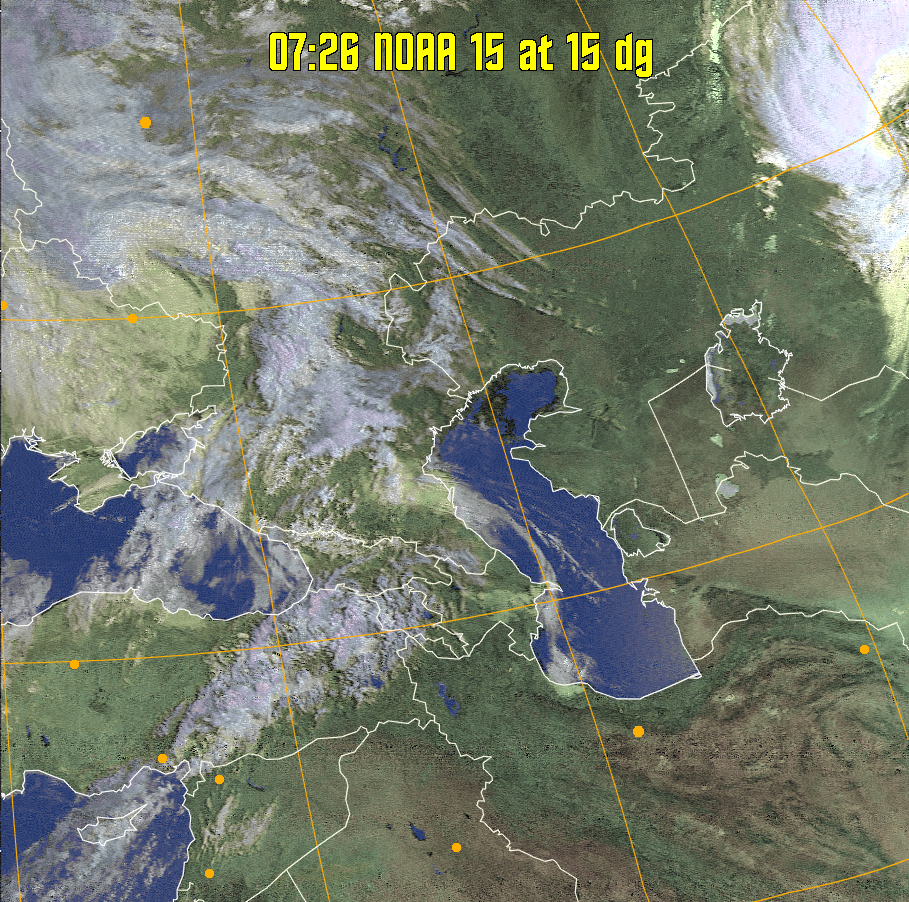 HVCT:
Similar to HVC, but with blue water and with colours more indicative of
land temperatures.
HVC:
Creates a false colour image from NOAA APT images based on temperature using
the HVC colour model. Uses the temperature derived from the sensor 4 image to
select the hue and the brightness from the histogram equalised other image to
select the value and chroma. The HVC colour model attempts to ensure that different colours at the same value will appear to the eye to be the same brightness
and the spacing between colours representing each degree will appear to the eye to
be similar. Bright areas are completely unsaturated in this model.