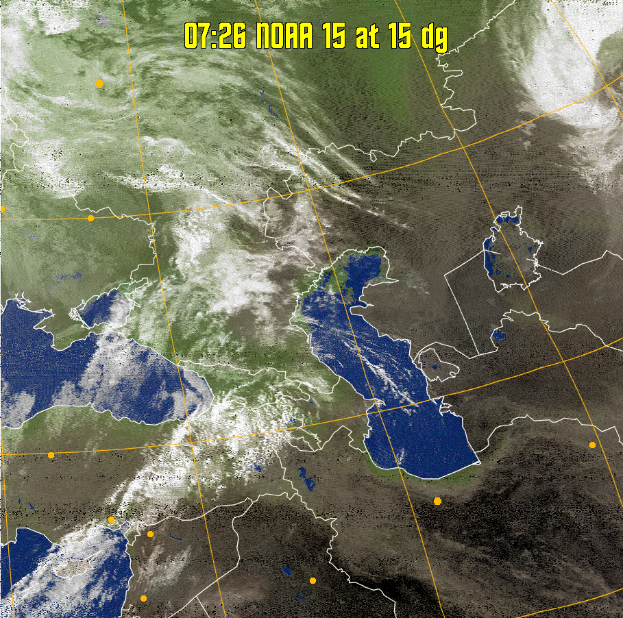 MCIR-precip: 
Colours the NOAA sensor 4 IR image using a map to colour the sea blue and land
green. High clouds appear white, lower clouds gray or land/sea coloured, clouds
generally appear lighter, but distinguishing between land/sea and low cloud may
be difficult. Darker colours indicate warmer regions.