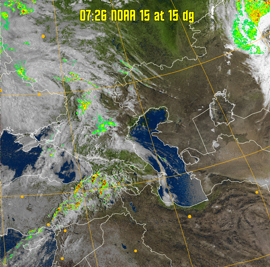 MSA-precip:
Same as MSA multispectral analysis, but high cold cloud tops are coloured the
same as the NO enhancement to give an approximate indication of the probability
and intensity of precipitation.