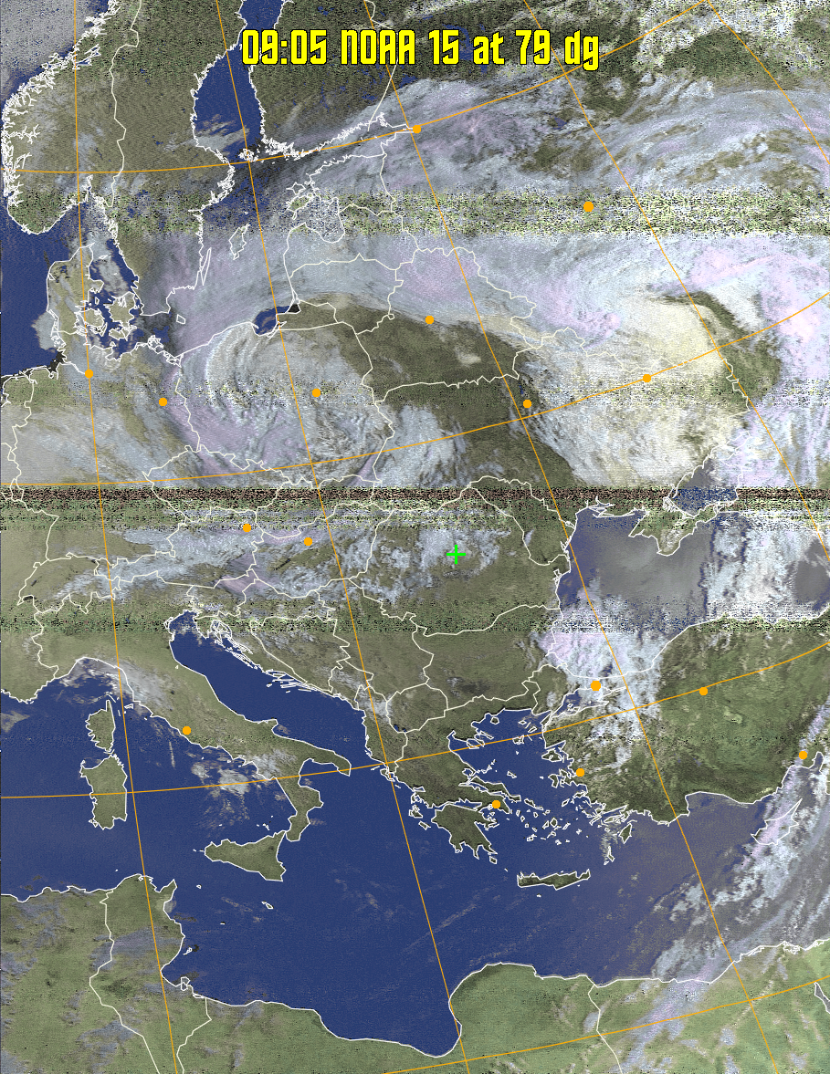 HVCT:
Similar to HVC, but with blue water and with colours more indicative of
land temperatures.
HVC:
Creates a false colour image from NOAA APT images based on temperature using
the HVC colour model. Uses the temperature derived from the sensor 4 image to
select the hue and the brightness from the histogram equalised other image to
select the value and chroma. The HVC colour model attempts to ensure that different colours at the same value will appear to the eye to be the same brightness
and the spacing between colours representing each degree will appear to the eye to
be similar. Bright areas are completely unsaturated in this model.