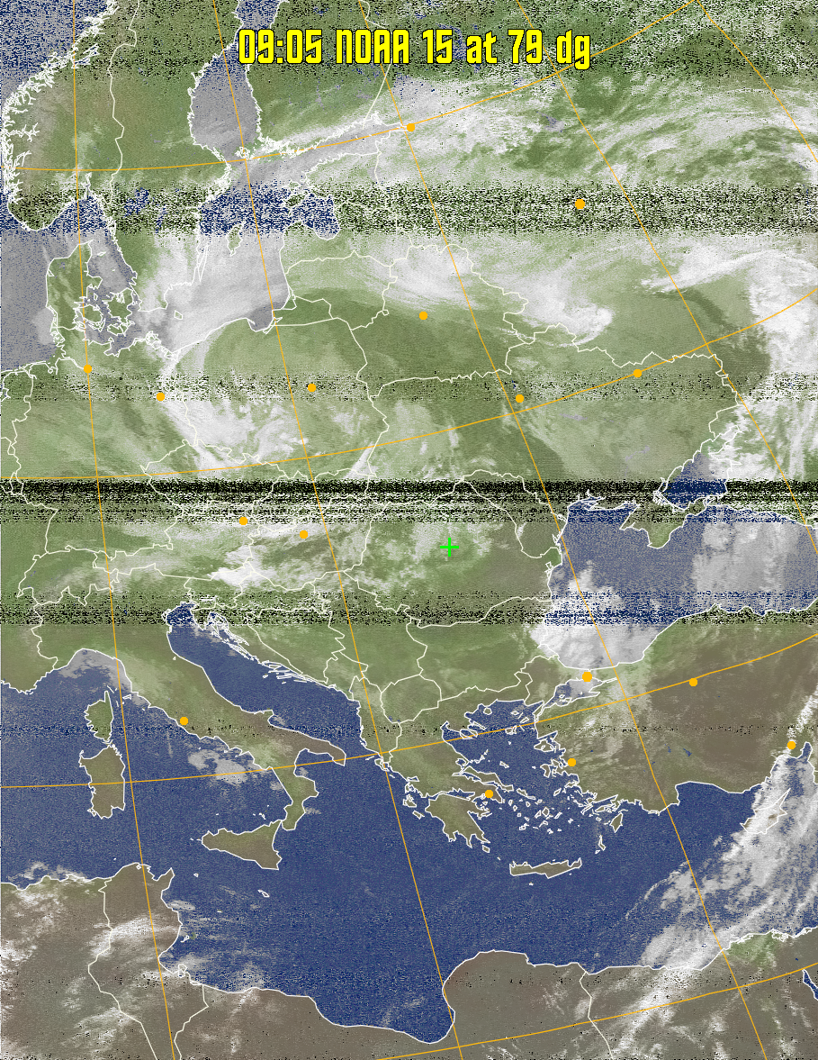 MCIR-precip: 
Colours the NOAA sensor 4 IR image using a map to colour the sea blue and land
green. High clouds appear white, lower clouds gray or land/sea coloured, clouds
generally appear lighter, but distinguishing between land/sea and low cloud may
be difficult. Darker colours indicate warmer regions.