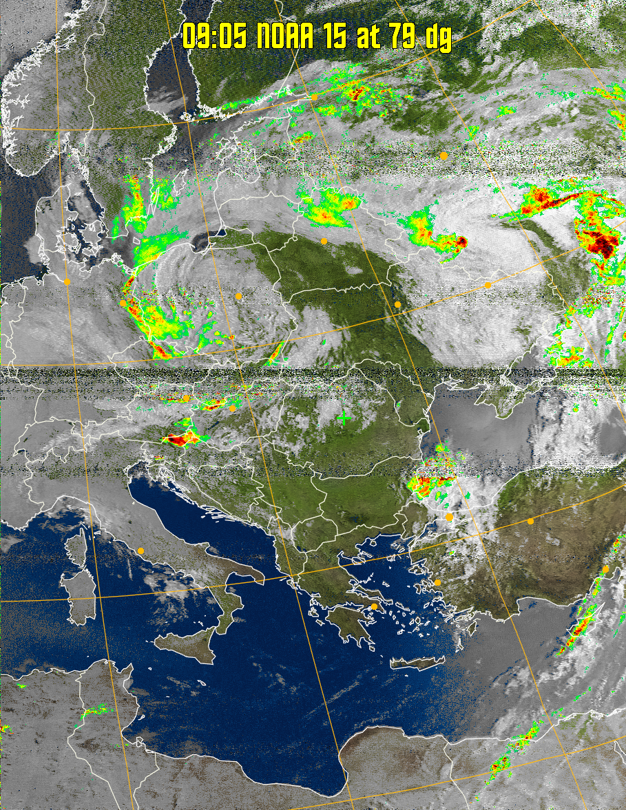 MSA-precip:
Same as MSA multispectral analysis, but high cold cloud tops are coloured the
same as the NO enhancement to give an approximate indication of the probability
and intensity of precipitation.