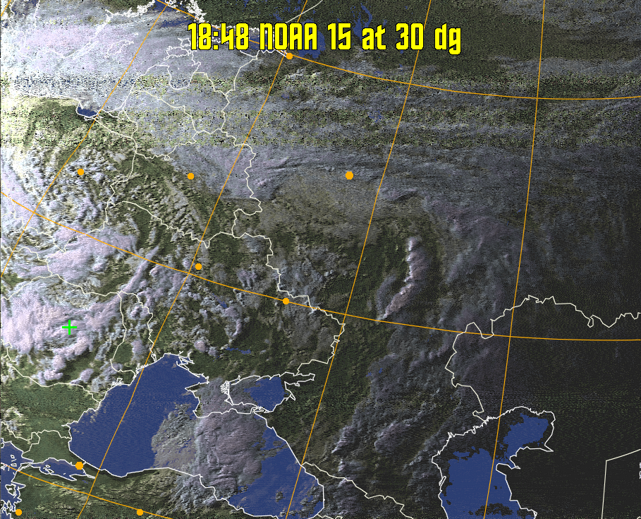 HVCT:
Similar to HVC, but with blue water and with colours more indicative of
land temperatures.
HVC:
Creates a false colour image from NOAA APT images based on temperature using
the HVC colour model. Uses the temperature derived from the sensor 4 image to
select the hue and the brightness from the histogram equalised other image to
select the value and chroma. The HVC colour model attempts to ensure that different colours at the same value will appear to the eye to be the same brightness
and the spacing between colours representing each degree will appear to the eye to
be similar. Bright areas are completely unsaturated in this model.