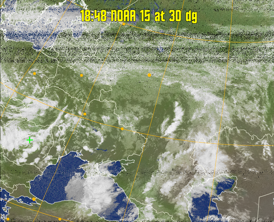 MCIR-precip: 
Colours the NOAA sensor 4 IR image using a map to colour the sea blue and land
green. High clouds appear white, lower clouds gray or land/sea coloured, clouds
generally appear lighter, but distinguishing between land/sea and low cloud may
be difficult. Darker colours indicate warmer regions.