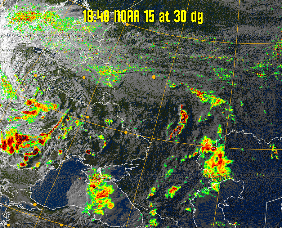 MSA-precip:
Same as MSA multispectral analysis, but high cold cloud tops are coloured the
same as the NO enhancement to give an approximate indication of the probability
and intensity of precipitation.
