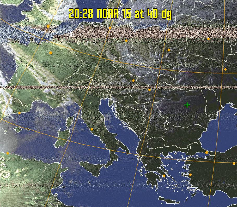 HVCT:
Similar to HVC, but with blue water and with colours more indicative of
land temperatures.
HVC:
Creates a false colour image from NOAA APT images based on temperature using
the HVC colour model. Uses the temperature derived from the sensor 4 image to
select the hue and the brightness from the histogram equalised other image to
select the value and chroma. The HVC colour model attempts to ensure that different colours at the same value will appear to the eye to be the same brightness
and the spacing between colours representing each degree will appear to the eye to
be similar. Bright areas are completely unsaturated in this model.