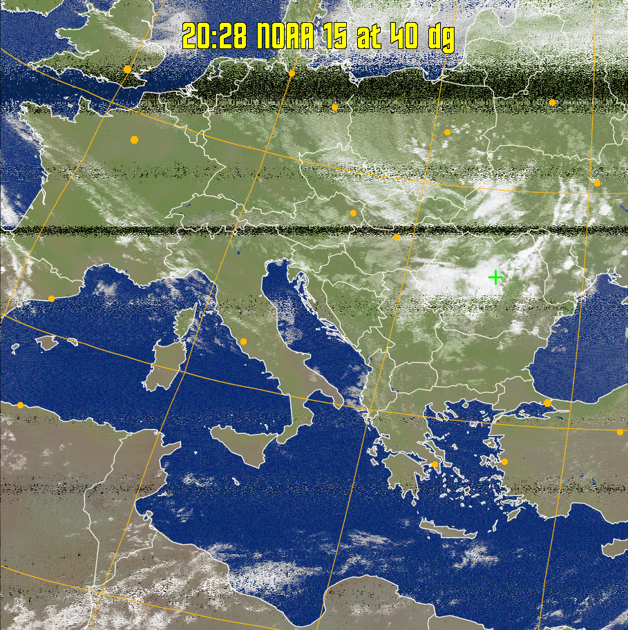 MCIR-precip: 
Colours the NOAA sensor 4 IR image using a map to colour the sea blue and land
green. High clouds appear white, lower clouds gray or land/sea coloured, clouds
generally appear lighter, but distinguishing between land/sea and low cloud may
be difficult. Darker colours indicate warmer regions.