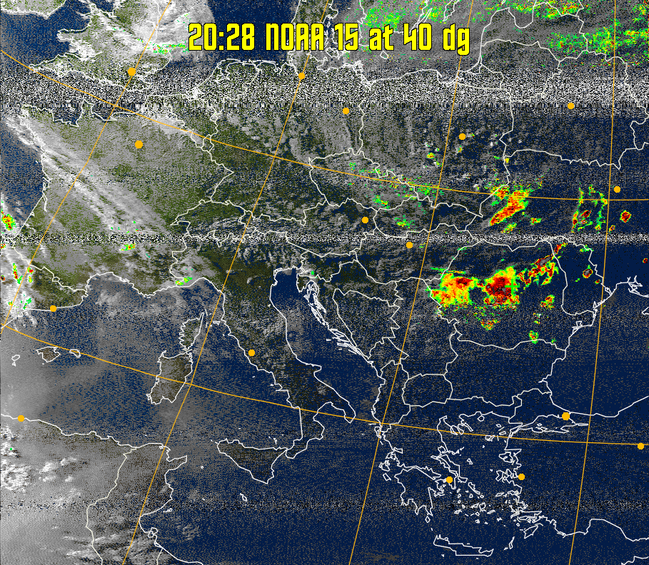 MSA-precip:
Same as MSA multispectral analysis, but high cold cloud tops are coloured the
same as the NO enhancement to give an approximate indication of the probability
and intensity of precipitation.