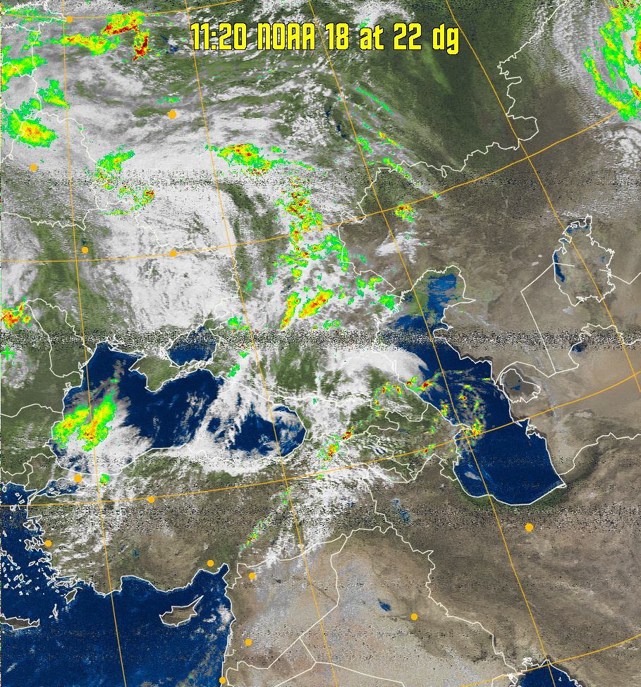 MSA-precip:
Same as MSA multispectral analysis, but high cold cloud tops are coloured the
same as the NO enhancement to give an approximate indication of the probability
and intensity of precipitation.