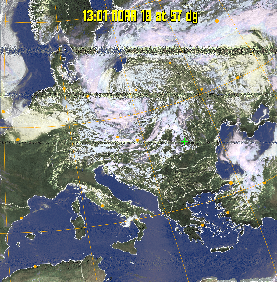 HVCT:
Similar to HVC, but with blue water and with colours more indicative of
land temperatures.
HVC:
Creates a false colour image from NOAA APT images based on temperature using
the HVC colour model. Uses the temperature derived from the sensor 4 image to
select the hue and the brightness from the histogram equalised other image to
select the value and chroma. The HVC colour model attempts to ensure that different colours at the same value will appear to the eye to be the same brightness
and the spacing between colours representing each degree will appear to the eye to
be similar. Bright areas are completely unsaturated in this model.
