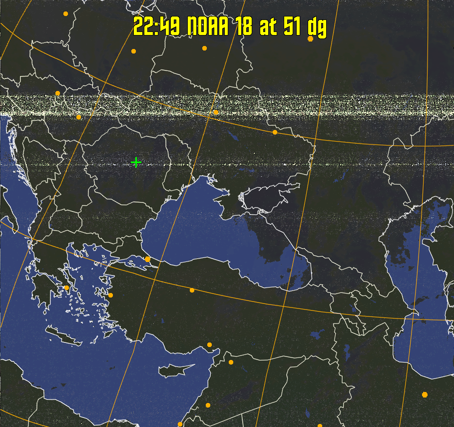 HVCT:
Similar to HVC, but with blue water and with colours more indicative of
land temperatures.
HVC:
Creates a false colour image from NOAA APT images based on temperature using
the HVC colour model. Uses the temperature derived from the sensor 4 image to
select the hue and the brightness from the histogram equalised other image to
select the value and chroma. The HVC colour model attempts to ensure that different colours at the same value will appear to the eye to be the same brightness
and the spacing between colours representing each degree will appear to the eye to
be similar. Bright areas are completely unsaturated in this model.
