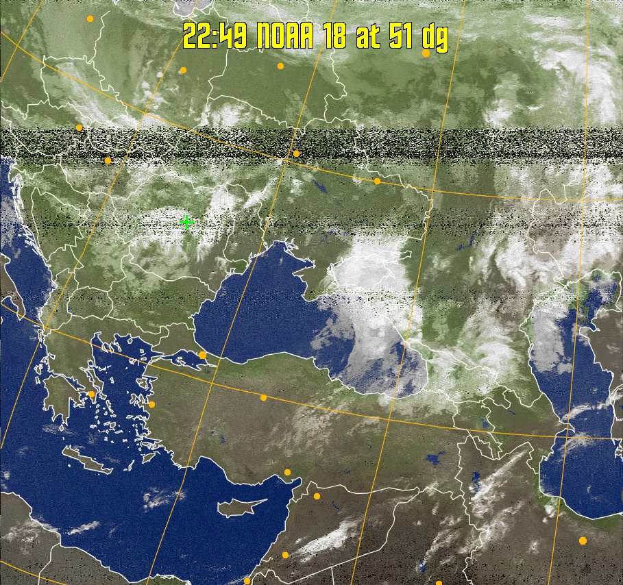 MCIR-precip: 
Colours the NOAA sensor 4 IR image using a map to colour the sea blue and land
green. High clouds appear white, lower clouds gray or land/sea coloured, clouds
generally appear lighter, but distinguishing between land/sea and low cloud may
be difficult. Darker colours indicate warmer regions.