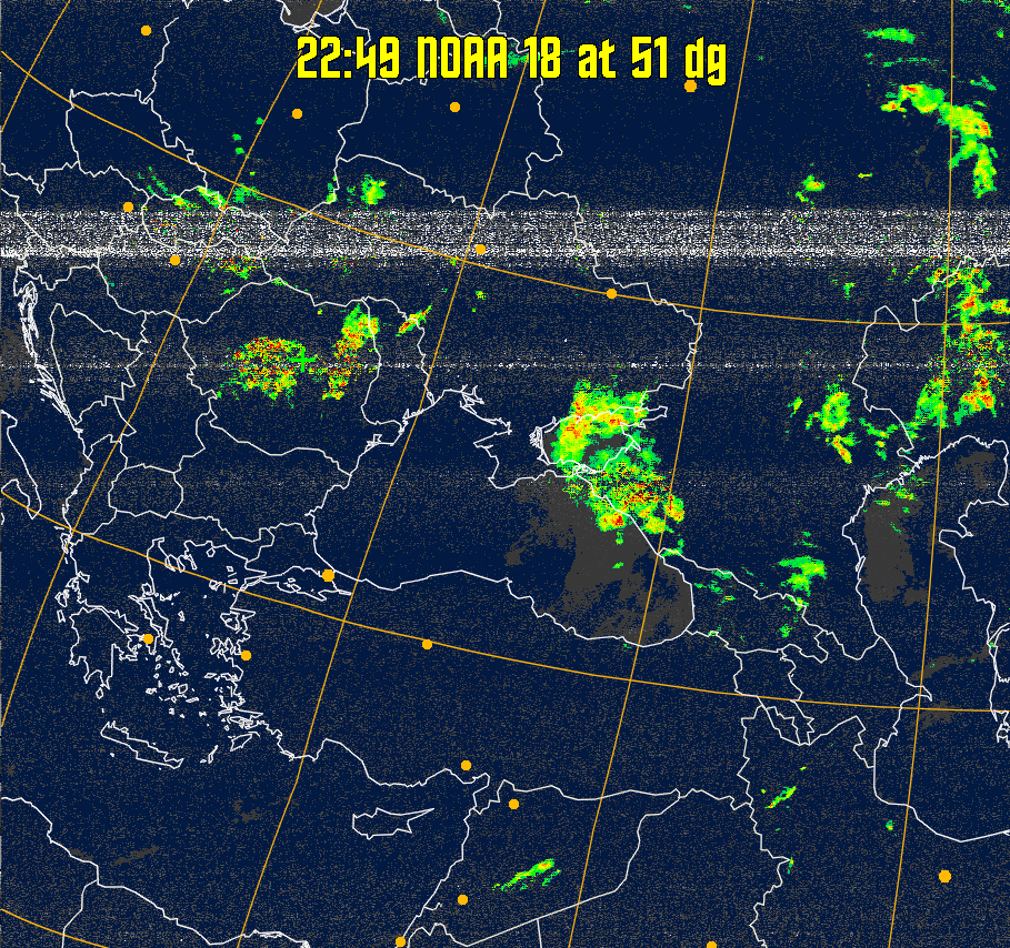 MSA-precip:
Same as MSA multispectral analysis, but high cold cloud tops are coloured the
same as the NO enhancement to give an approximate indication of the probability
and intensity of precipitation.