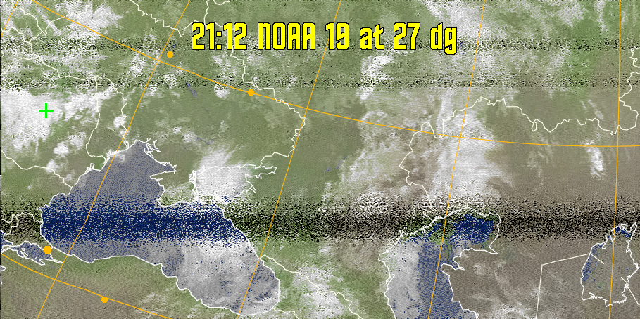 MCIR-precip: 
Colours the NOAA sensor 4 IR image using a map to colour the sea blue and land
green. High clouds appear white, lower clouds gray or land/sea coloured, clouds
generally appear lighter, but distinguishing between land/sea and low cloud may
be difficult. Darker colours indicate warmer regions.