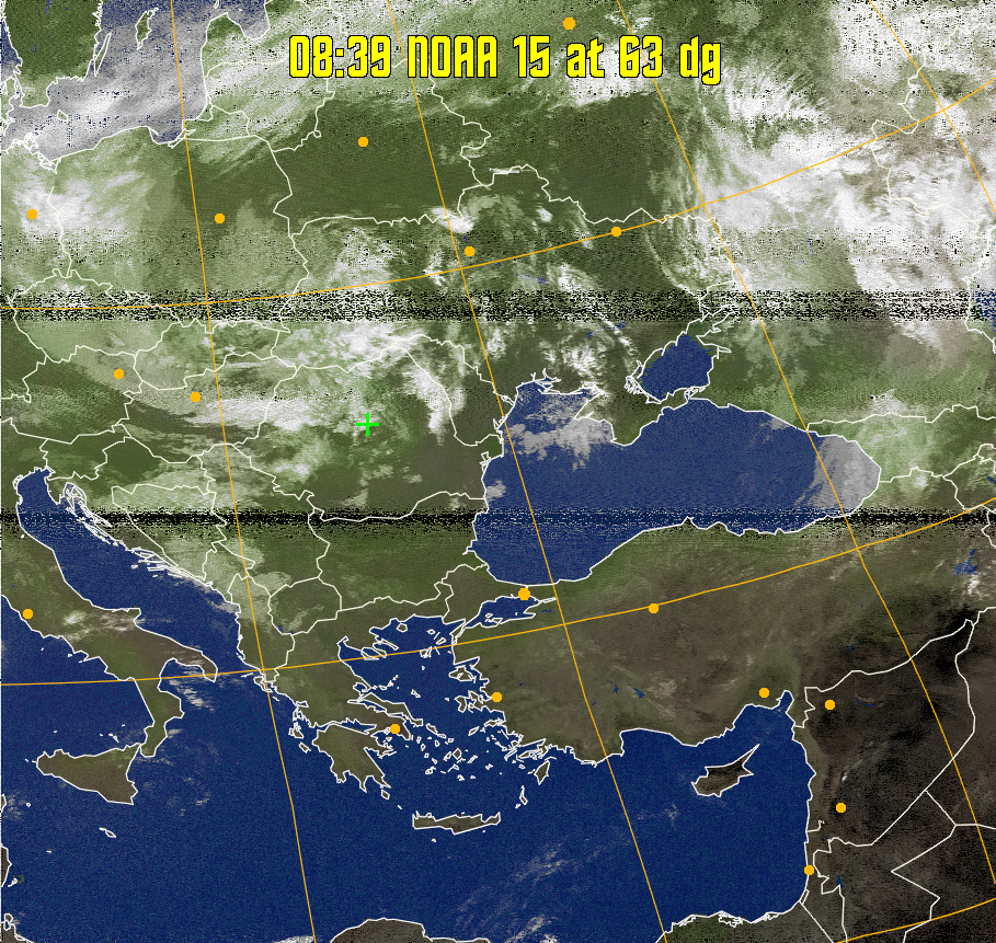 MCIR-precip: 
Colours the NOAA sensor 4 IR image using a map to colour the sea blue and land
green. High clouds appear white, lower clouds gray or land/sea coloured, clouds
generally appear lighter, but distinguishing between land/sea and low cloud may
be difficult. Darker colours indicate warmer regions.