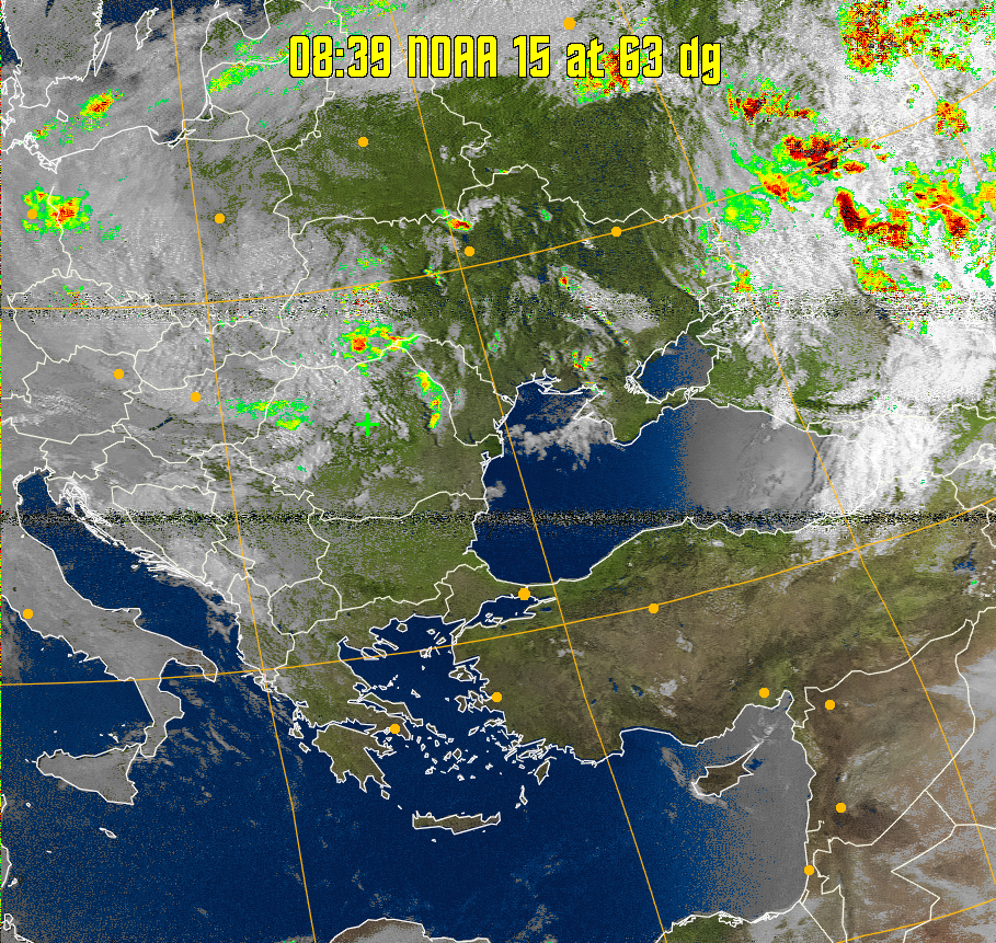 MSA-precip:
Same as MSA multispectral analysis, but high cold cloud tops are coloured the
same as the NO enhancement to give an approximate indication of the probability
and intensity of precipitation.