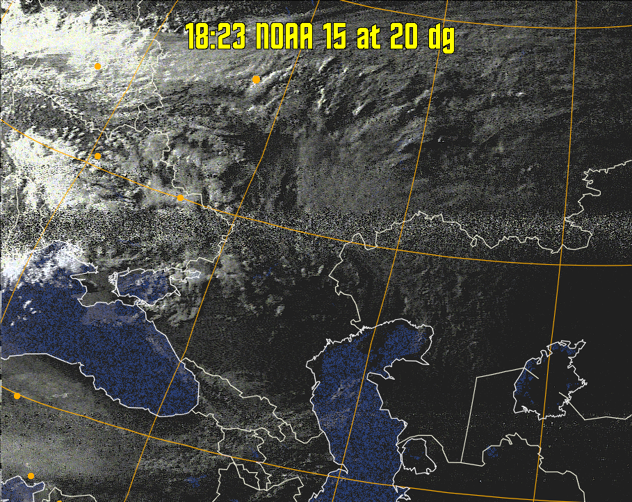 HVCT:
Similar to HVC, but with blue water and with colours more indicative of
land temperatures.
HVC:
Creates a false colour image from NOAA APT images based on temperature using
the HVC colour model. Uses the temperature derived from the sensor 4 image to
select the hue and the brightness from the histogram equalised other image to
select the value and chroma. The HVC colour model attempts to ensure that different colours at the same value will appear to the eye to be the same brightness
and the spacing between colours representing each degree will appear to the eye to
be similar. Bright areas are completely unsaturated in this model.