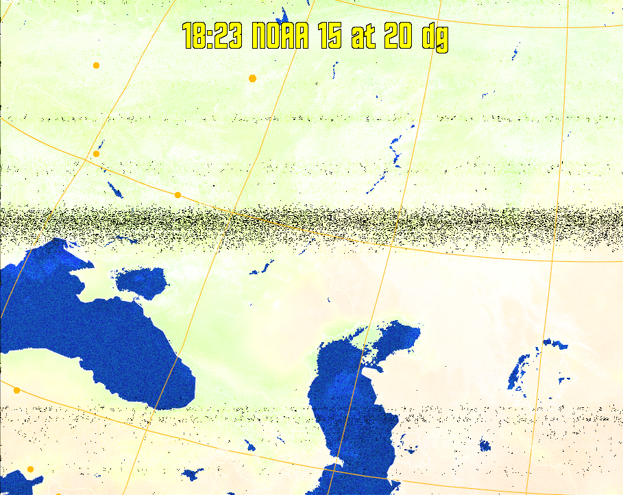 MCIR-precip: 
Colours the NOAA sensor 4 IR image using a map to colour the sea blue and land
green. High clouds appear white, lower clouds gray or land/sea coloured, clouds
generally appear lighter, but distinguishing between land/sea and low cloud may
be difficult. Darker colours indicate warmer regions.