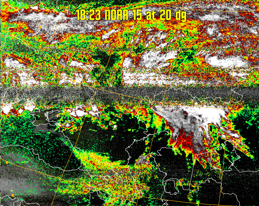 MSA-precip:
Same as MSA multispectral analysis, but high cold cloud tops are coloured the
same as the NO enhancement to give an approximate indication of the probability
and intensity of precipitation.