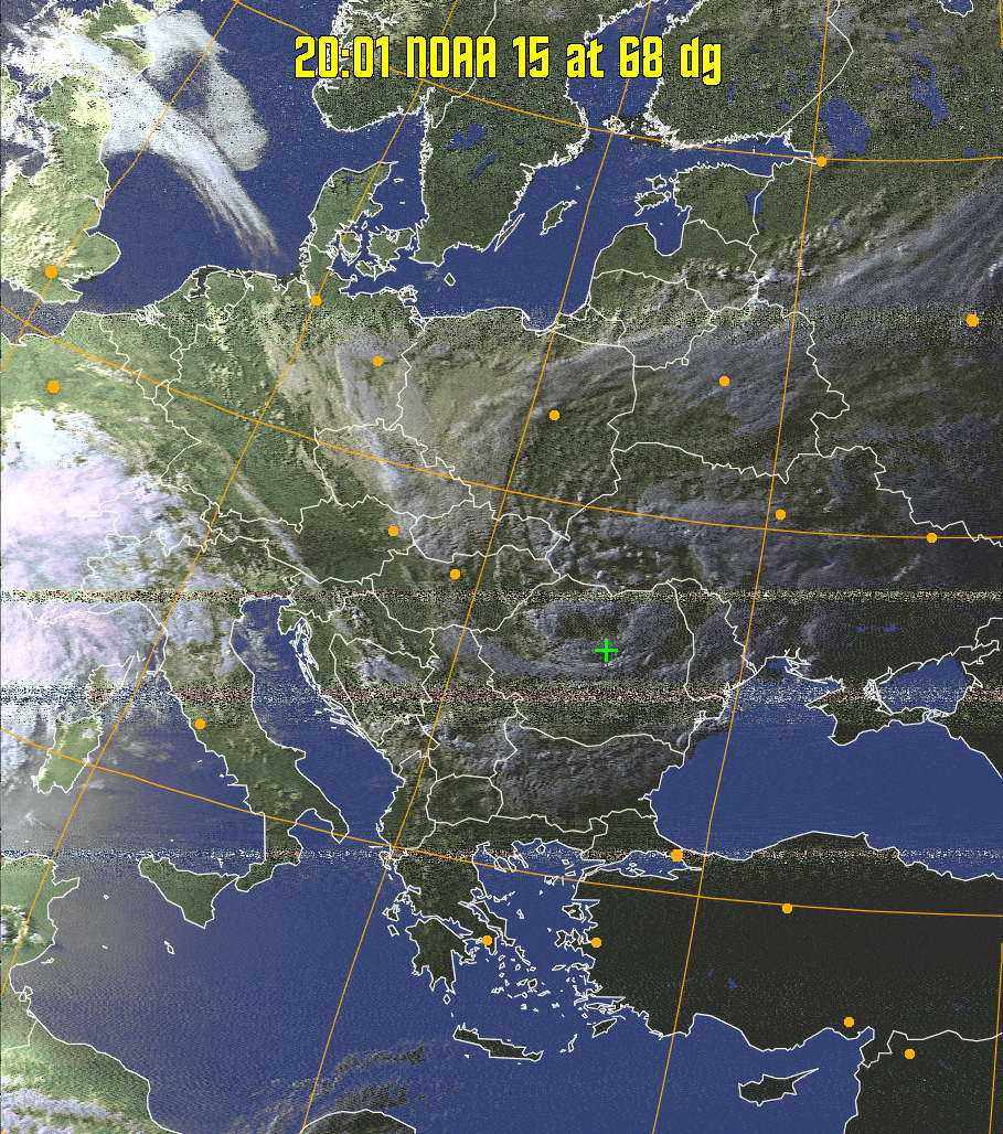 HVCT:
Similar to HVC, but with blue water and with colours more indicative of
land temperatures.
HVC:
Creates a false colour image from NOAA APT images based on temperature using
the HVC colour model. Uses the temperature derived from the sensor 4 image to
select the hue and the brightness from the histogram equalised other image to
select the value and chroma. The HVC colour model attempts to ensure that different colours at the same value will appear to the eye to be the same brightness
and the spacing between colours representing each degree will appear to the eye to
be similar. Bright areas are completely unsaturated in this model.
