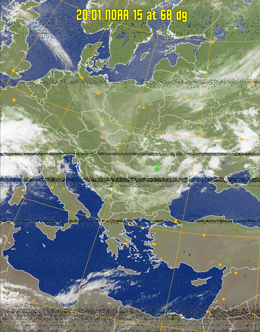 MCIR-precip: 
Colours the NOAA sensor 4 IR image using a map to colour the sea blue and land
green. High clouds appear white, lower clouds gray or land/sea coloured, clouds
generally appear lighter, but distinguishing between land/sea and low cloud may
be difficult. Darker colours indicate warmer regions.