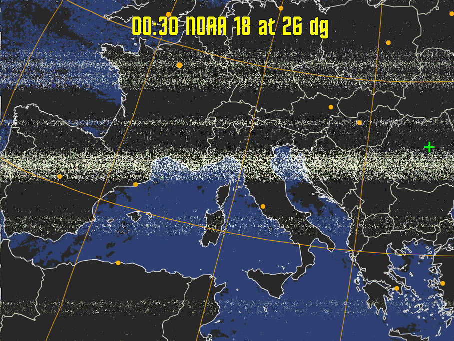 HVCT:
Similar to HVC, but with blue water and with colours more indicative of
land temperatures.
HVC:
Creates a false colour image from NOAA APT images based on temperature using
the HVC colour model. Uses the temperature derived from the sensor 4 image to
select the hue and the brightness from the histogram equalised other image to
select the value and chroma. The HVC colour model attempts to ensure that different colours at the same value will appear to the eye to be the same brightness
and the spacing between colours representing each degree will appear to the eye to
be similar. Bright areas are completely unsaturated in this model.