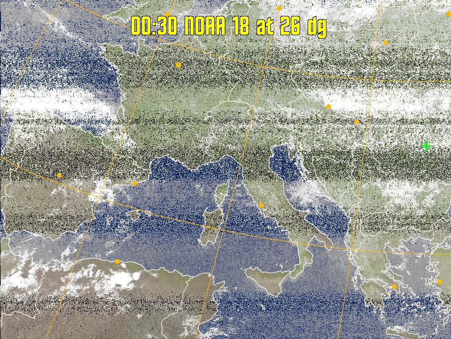 MCIR-precip: 
Colours the NOAA sensor 4 IR image using a map to colour the sea blue and land
green. High clouds appear white, lower clouds gray or land/sea coloured, clouds
generally appear lighter, but distinguishing between land/sea and low cloud may
be difficult. Darker colours indicate warmer regions.