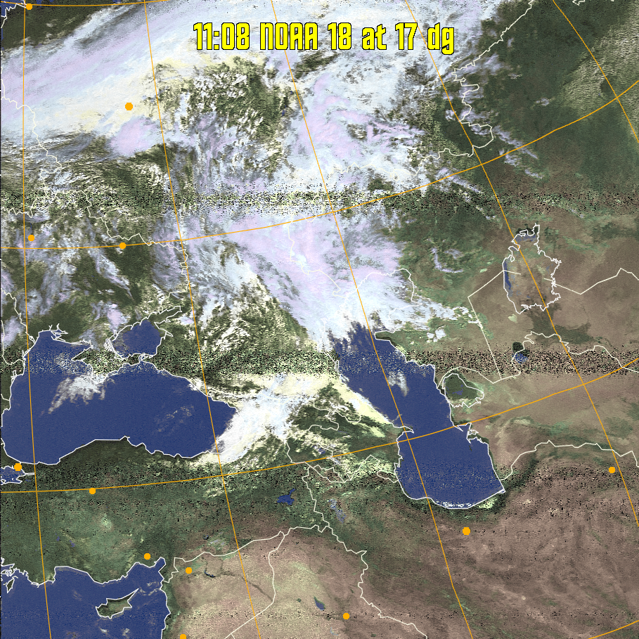 HVCT:
Similar to HVC, but with blue water and with colours more indicative of
land temperatures.
HVC:
Creates a false colour image from NOAA APT images based on temperature using
the HVC colour model. Uses the temperature derived from the sensor 4 image to
select the hue and the brightness from the histogram equalised other image to
select the value and chroma. The HVC colour model attempts to ensure that different colours at the same value will appear to the eye to be the same brightness
and the spacing between colours representing each degree will appear to the eye to
be similar. Bright areas are completely unsaturated in this model.