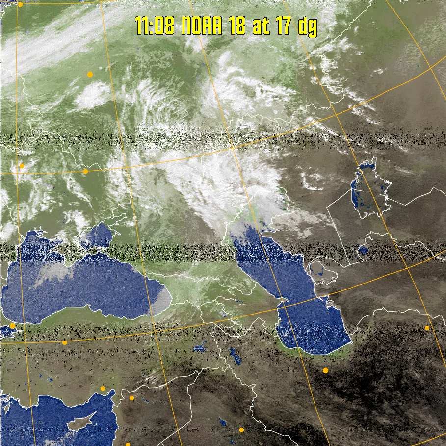 MCIR-precip: 
Colours the NOAA sensor 4 IR image using a map to colour the sea blue and land
green. High clouds appear white, lower clouds gray or land/sea coloured, clouds
generally appear lighter, but distinguishing between land/sea and low cloud may
be difficult. Darker colours indicate warmer regions.