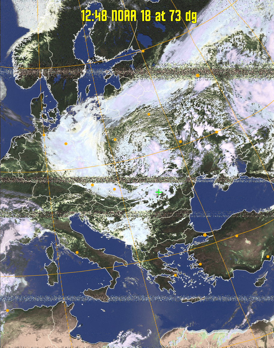 HVCT:
Similar to HVC, but with blue water and with colours more indicative of
land temperatures.
HVC:
Creates a false colour image from NOAA APT images based on temperature using
the HVC colour model. Uses the temperature derived from the sensor 4 image to
select the hue and the brightness from the histogram equalised other image to
select the value and chroma. The HVC colour model attempts to ensure that different colours at the same value will appear to the eye to be the same brightness
and the spacing between colours representing each degree will appear to the eye to
be similar. Bright areas are completely unsaturated in this model.