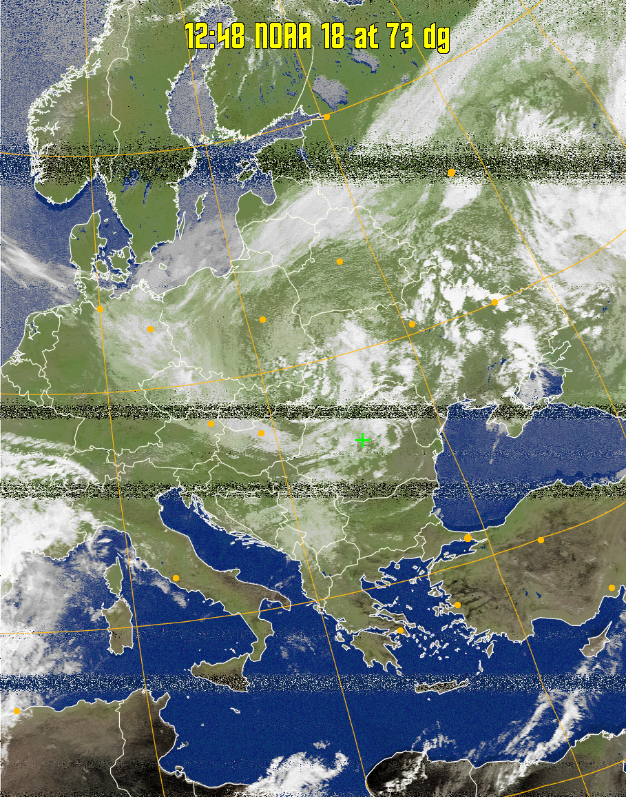 MCIR-precip: 
Colours the NOAA sensor 4 IR image using a map to colour the sea blue and land
green. High clouds appear white, lower clouds gray or land/sea coloured, clouds
generally appear lighter, but distinguishing between land/sea and low cloud may
be difficult. Darker colours indicate warmer regions.