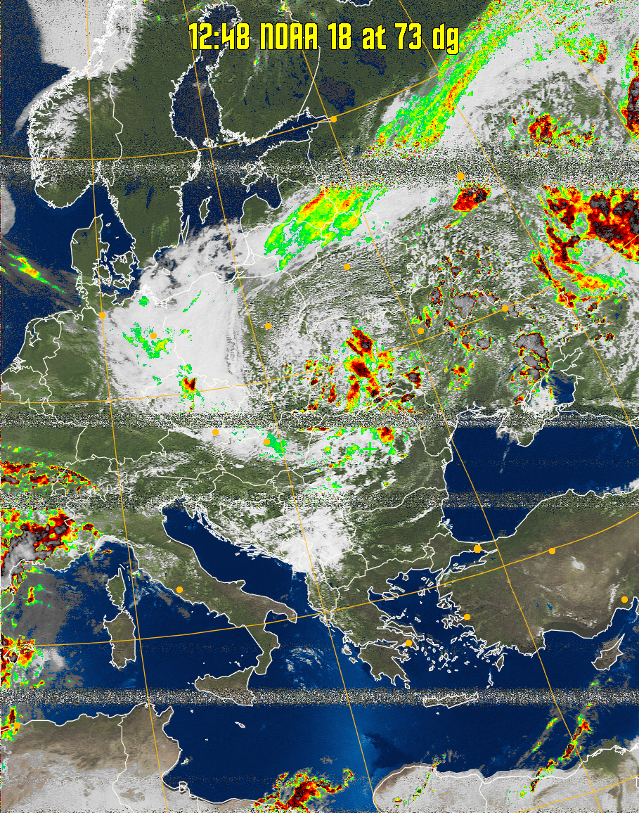 MSA-precip:
Same as MSA multispectral analysis, but high cold cloud tops are coloured the
same as the NO enhancement to give an approximate indication of the probability
and intensity of precipitation.