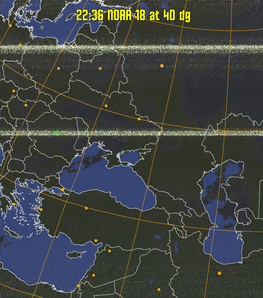 HVCT:
Similar to HVC, but with blue water and with colours more indicative of
land temperatures.
HVC:
Creates a false colour image from NOAA APT images based on temperature using
the HVC colour model. Uses the temperature derived from the sensor 4 image to
select the hue and the brightness from the histogram equalised other image to
select the value and chroma. The HVC colour model attempts to ensure that different colours at the same value will appear to the eye to be the same brightness
and the spacing between colours representing each degree will appear to the eye to
be similar. Bright areas are completely unsaturated in this model.