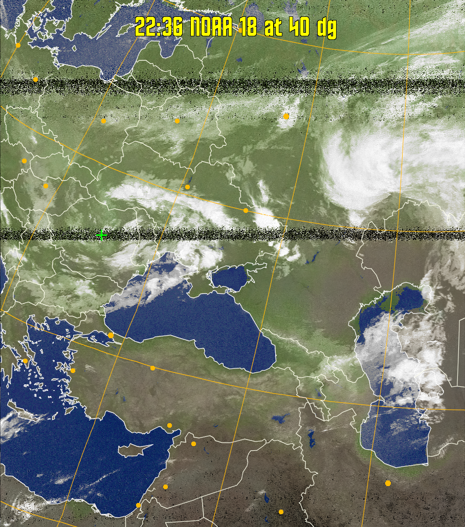 MCIR-precip: 
Colours the NOAA sensor 4 IR image using a map to colour the sea blue and land
green. High clouds appear white, lower clouds gray or land/sea coloured, clouds
generally appear lighter, but distinguishing between land/sea and low cloud may
be difficult. Darker colours indicate warmer regions.