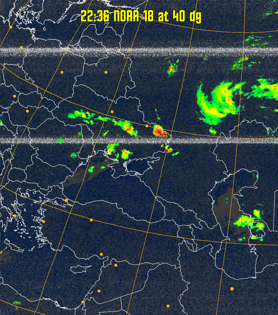 MSA-precip:
Same as MSA multispectral analysis, but high cold cloud tops are coloured the
same as the NO enhancement to give an approximate indication of the probability
and intensity of precipitation.
