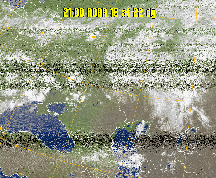 MCIR-precip: 
Colours the NOAA sensor 4 IR image using a map to colour the sea blue and land
green. High clouds appear white, lower clouds gray or land/sea coloured, clouds
generally appear lighter, but distinguishing between land/sea and low cloud may
be difficult. Darker colours indicate warmer regions.
