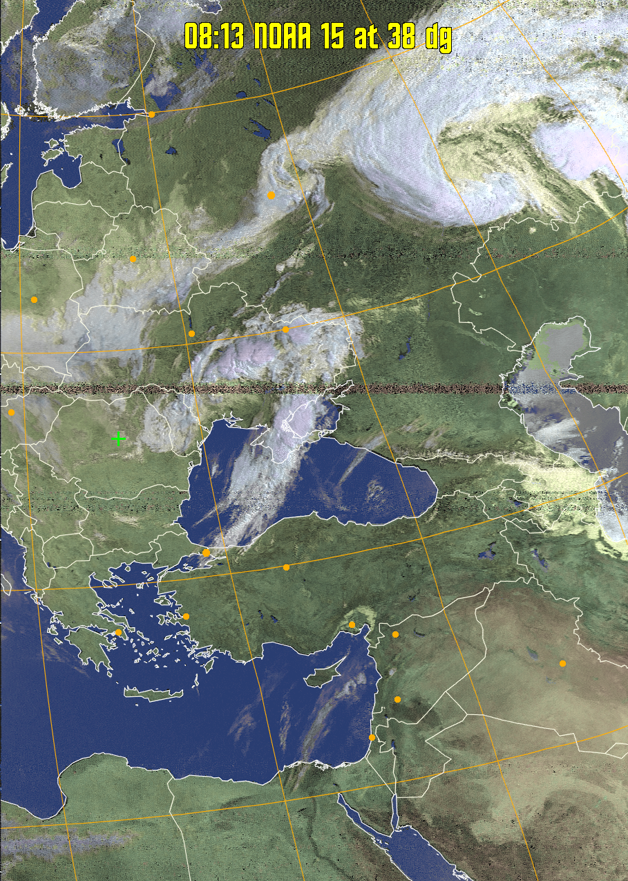 HVCT:
Similar to HVC, but with blue water and with colours more indicative of
land temperatures.
HVC:
Creates a false colour image from NOAA APT images based on temperature using
the HVC colour model. Uses the temperature derived from the sensor 4 image to
select the hue and the brightness from the histogram equalised other image to
select the value and chroma. The HVC colour model attempts to ensure that different colours at the same value will appear to the eye to be the same brightness
and the spacing between colours representing each degree will appear to the eye to
be similar. Bright areas are completely unsaturated in this model.