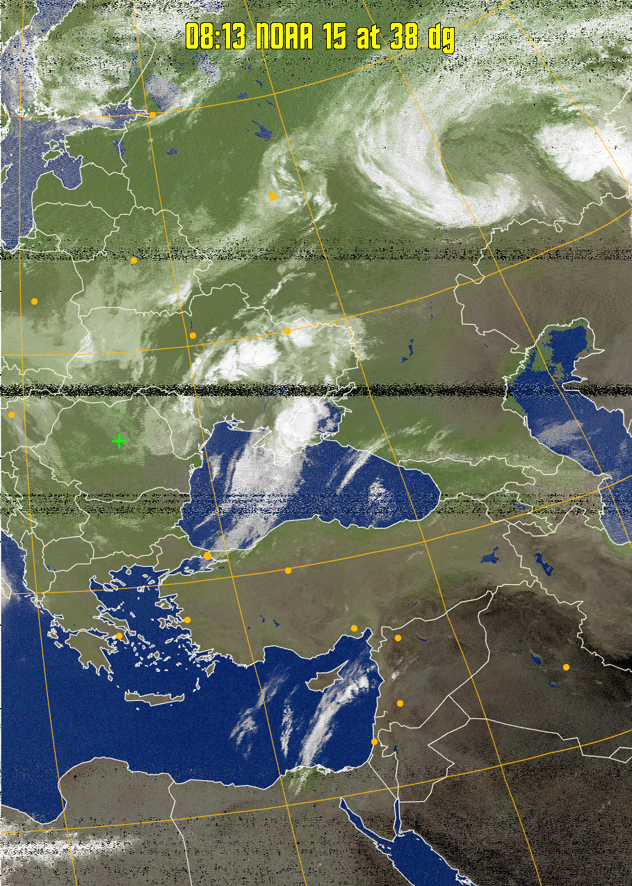 MCIR-precip: 
Colours the NOAA sensor 4 IR image using a map to colour the sea blue and land
green. High clouds appear white, lower clouds gray or land/sea coloured, clouds
generally appear lighter, but distinguishing between land/sea and low cloud may
be difficult. Darker colours indicate warmer regions.