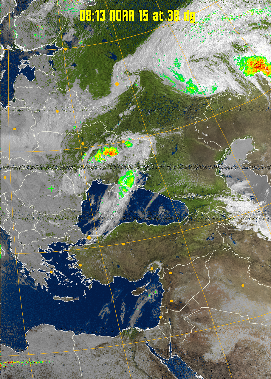 MSA-precip:
Same as MSA multispectral analysis, but high cold cloud tops are coloured the
same as the NO enhancement to give an approximate indication of the probability
and intensity of precipitation.