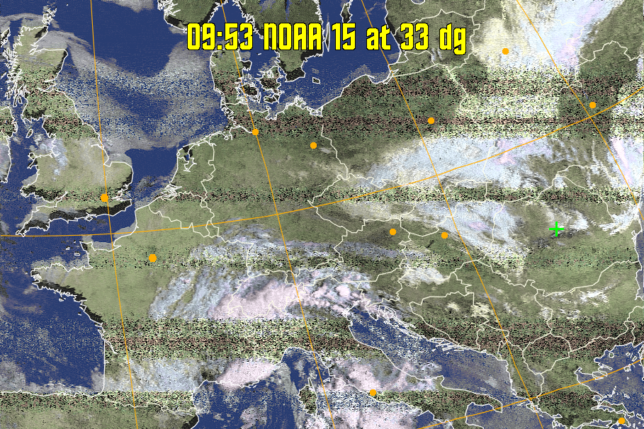 HVCT:
Similar to HVC, but with blue water and with colours more indicative of
land temperatures.
HVC:
Creates a false colour image from NOAA APT images based on temperature using
the HVC colour model. Uses the temperature derived from the sensor 4 image to
select the hue and the brightness from the histogram equalised other image to
select the value and chroma. The HVC colour model attempts to ensure that different colours at the same value will appear to the eye to be the same brightness
and the spacing between colours representing each degree will appear to the eye to
be similar. Bright areas are completely unsaturated in this model.