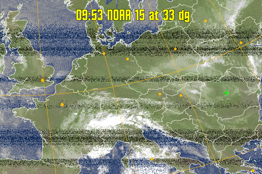 MCIR-precip: 
Colours the NOAA sensor 4 IR image using a map to colour the sea blue and land
green. High clouds appear white, lower clouds gray or land/sea coloured, clouds
generally appear lighter, but distinguishing between land/sea and low cloud may
be difficult. Darker colours indicate warmer regions.