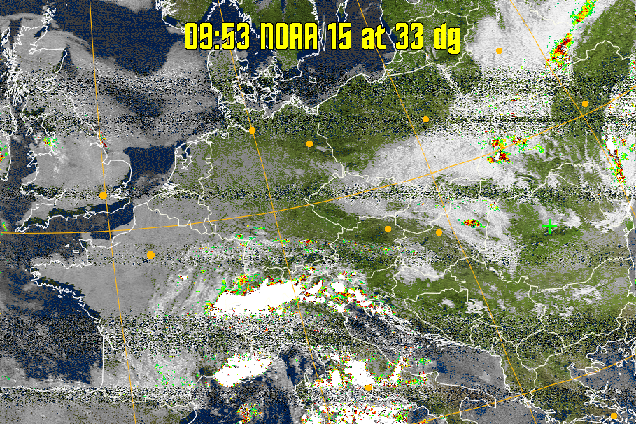 MSA-precip:
Same as MSA multispectral analysis, but high cold cloud tops are coloured the
same as the NO enhancement to give an approximate indication of the probability
and intensity of precipitation.