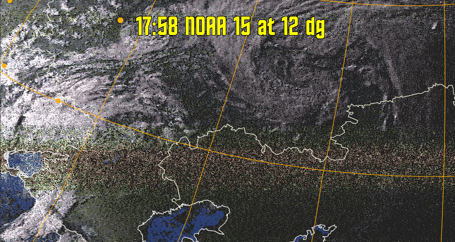 HVCT:
Similar to HVC, but with blue water and with colours more indicative of
land temperatures.
HVC:
Creates a false colour image from NOAA APT images based on temperature using
the HVC colour model. Uses the temperature derived from the sensor 4 image to
select the hue and the brightness from the histogram equalised other image to
select the value and chroma. The HVC colour model attempts to ensure that different colours at the same value will appear to the eye to be the same brightness
and the spacing between colours representing each degree will appear to the eye to
be similar. Bright areas are completely unsaturated in this model.