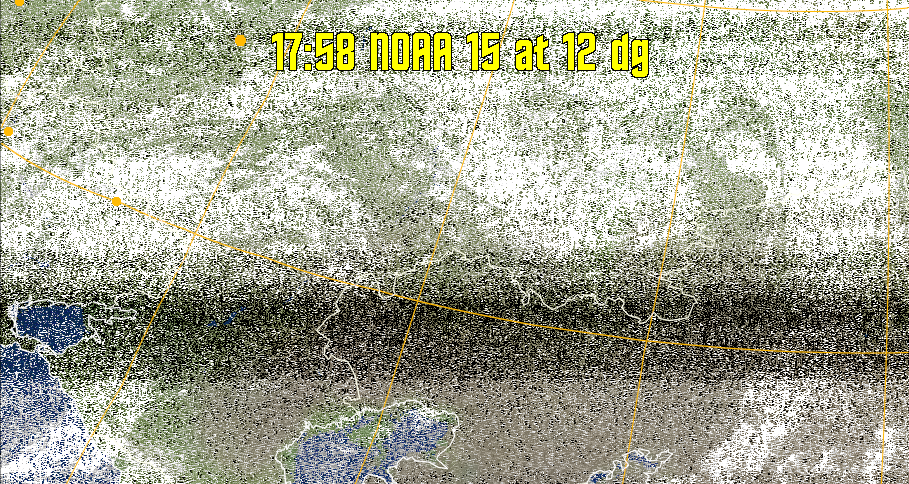 MCIR-precip: 
Colours the NOAA sensor 4 IR image using a map to colour the sea blue and land
green. High clouds appear white, lower clouds gray or land/sea coloured, clouds
generally appear lighter, but distinguishing between land/sea and low cloud may
be difficult. Darker colours indicate warmer regions.
