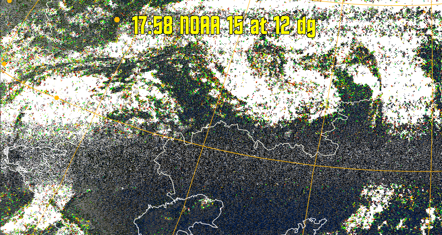 MSA-precip:
Same as MSA multispectral analysis, but high cold cloud tops are coloured the
same as the NO enhancement to give an approximate indication of the probability
and intensity of precipitation.