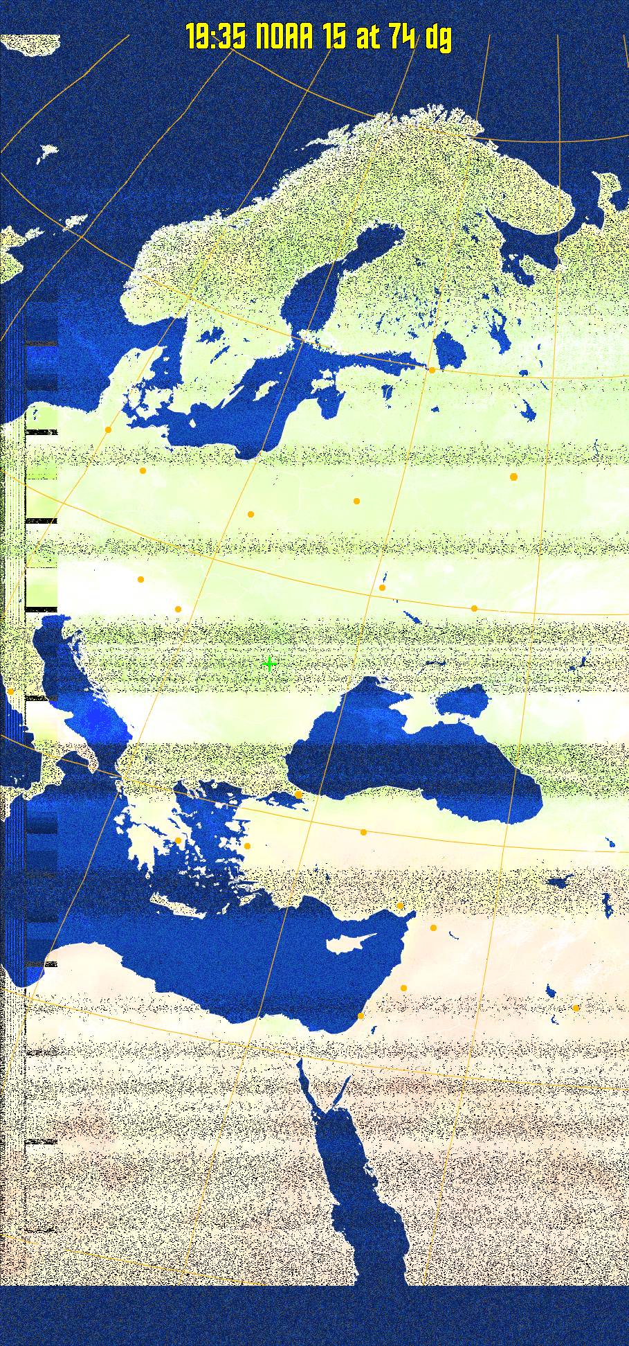 MCIR-precip: 
Colours the NOAA sensor 4 IR image using a map to colour the sea blue and land
green. High clouds appear white, lower clouds gray or land/sea coloured, clouds
generally appear lighter, but distinguishing between land/sea and low cloud may
be difficult. Darker colours indicate warmer regions.