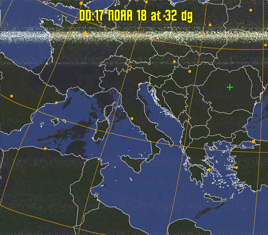 HVCT:
Similar to HVC, but with blue water and with colours more indicative of
land temperatures.
HVC:
Creates a false colour image from NOAA APT images based on temperature using
the HVC colour model. Uses the temperature derived from the sensor 4 image to
select the hue and the brightness from the histogram equalised other image to
select the value and chroma. The HVC colour model attempts to ensure that different colours at the same value will appear to the eye to be the same brightness
and the spacing between colours representing each degree will appear to the eye to
be similar. Bright areas are completely unsaturated in this model.