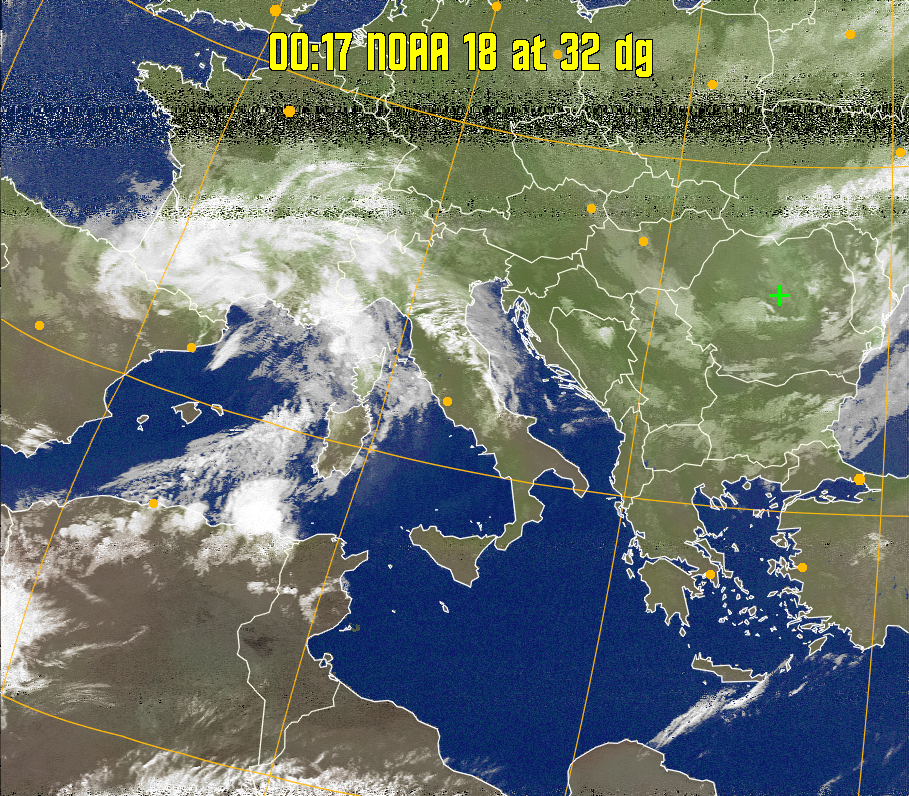 MCIR-precip: 
Colours the NOAA sensor 4 IR image using a map to colour the sea blue and land
green. High clouds appear white, lower clouds gray or land/sea coloured, clouds
generally appear lighter, but distinguishing between land/sea and low cloud may
be difficult. Darker colours indicate warmer regions.