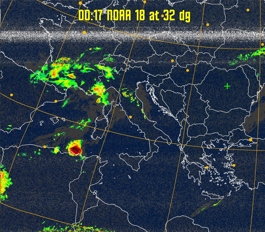 MSA-precip:
Same as MSA multispectral analysis, but high cold cloud tops are coloured the
same as the NO enhancement to give an approximate indication of the probability
and intensity of precipitation.