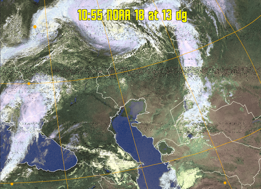 HVCT:
Similar to HVC, but with blue water and with colours more indicative of
land temperatures.
HVC:
Creates a false colour image from NOAA APT images based on temperature using
the HVC colour model. Uses the temperature derived from the sensor 4 image to
select the hue and the brightness from the histogram equalised other image to
select the value and chroma. The HVC colour model attempts to ensure that different colours at the same value will appear to the eye to be the same brightness
and the spacing between colours representing each degree will appear to the eye to
be similar. Bright areas are completely unsaturated in this model.